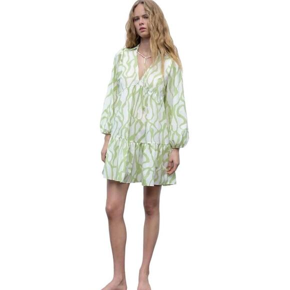 Zara Printed Babydoll Dress S Green Balloon Sleeves Tiered Mini V Neck Tie Fall - Picture 2 of 15